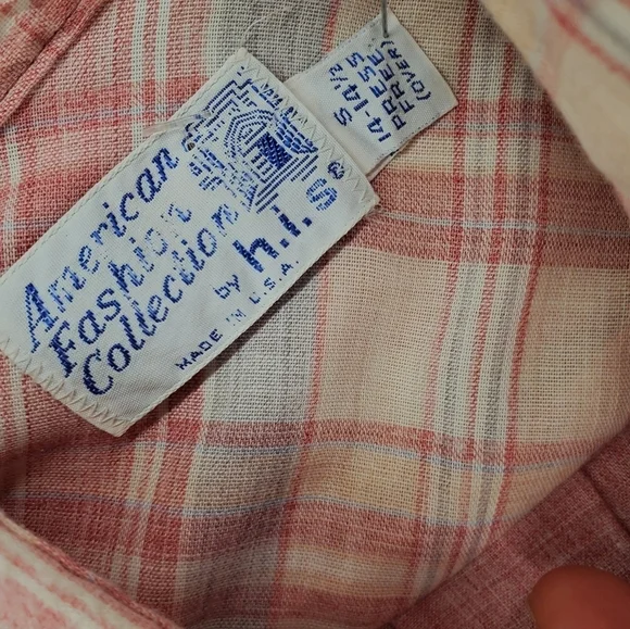 Vtg 60s Shirt Men S 14 14.5 Button Up SS Solid Plaid Western H.I.S. 2 Pocket - Picture 9 of 13
